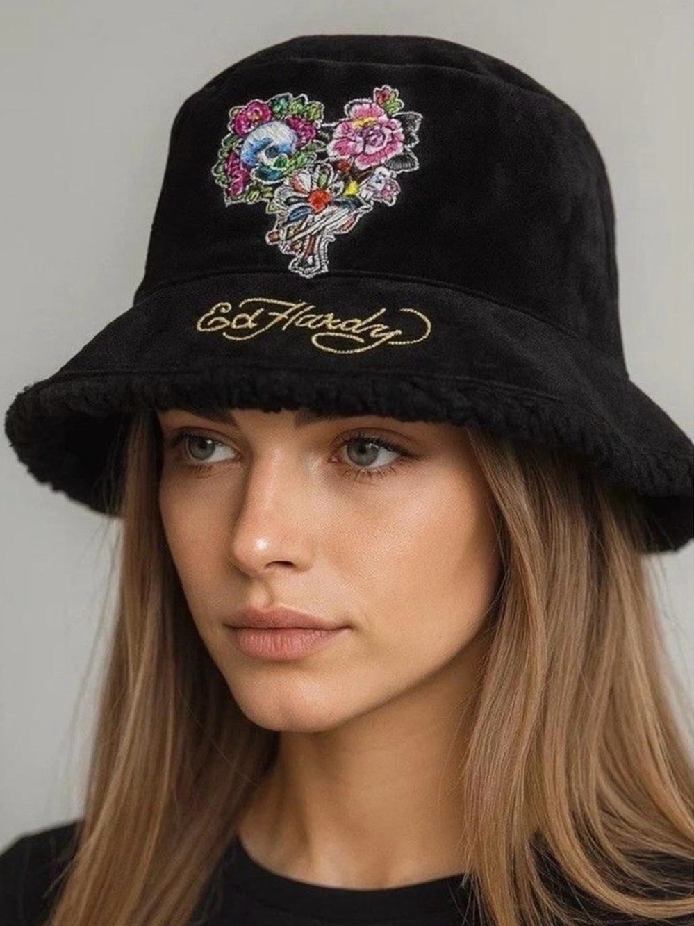 Ed Hardy Black Bucket Hat with Multicolor Floral Skull Embroidery New!